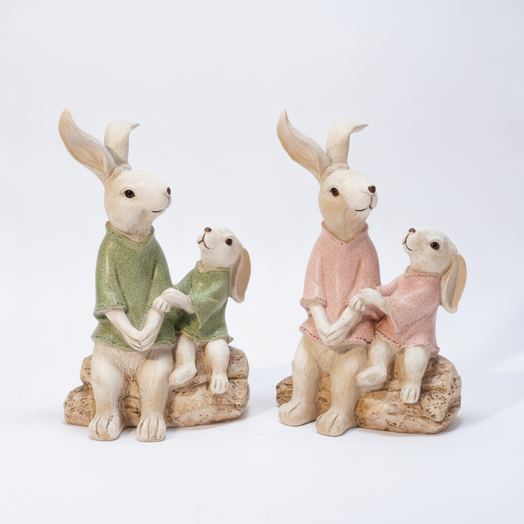 Easter Bunny Parent & Child Figurine Set – Green & Pink