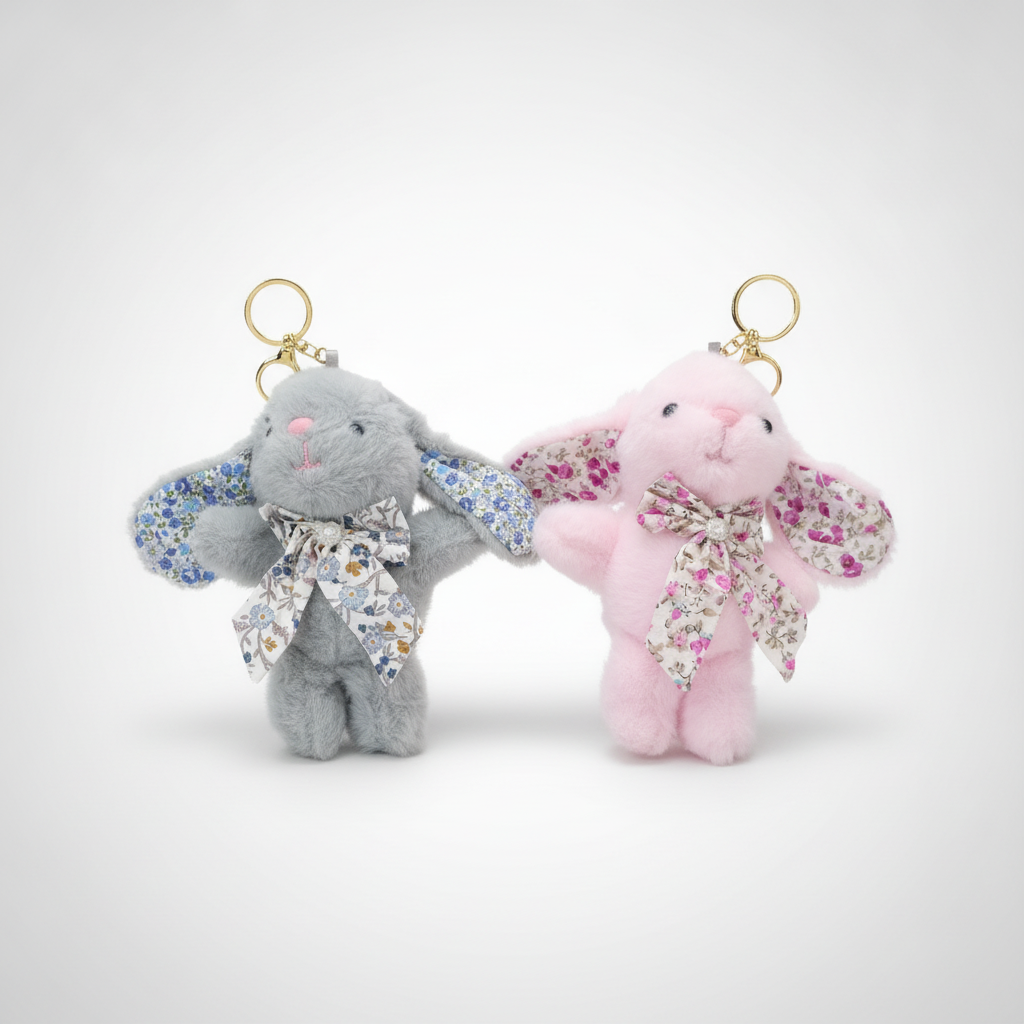 Fluffy Bunny Plush Keychain with Floral Bow – Cute Gift