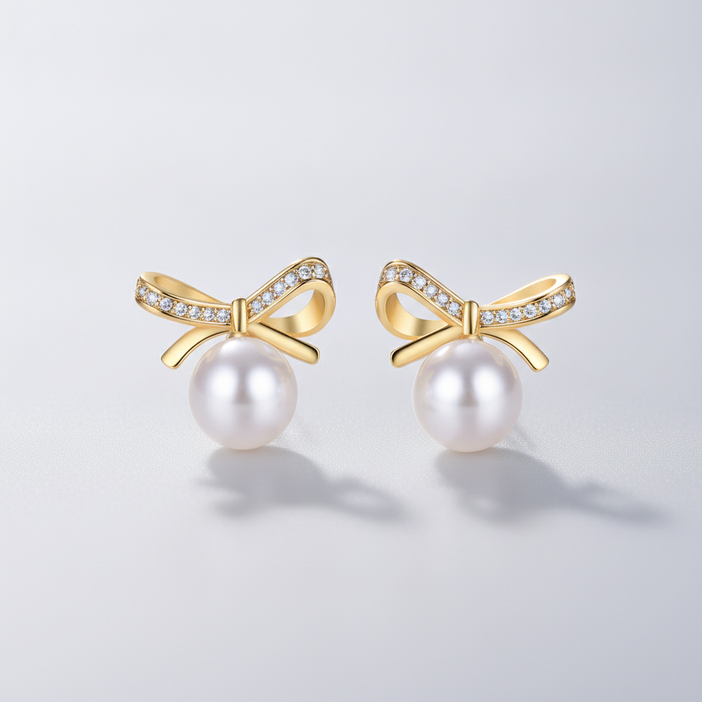 Gold Bow Pearl Stud Earrings with Crystal Accents