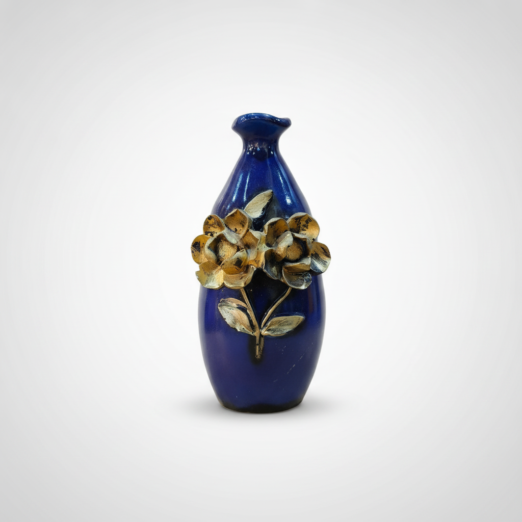 Cobalt Blue Poly Resin Vase with Gold Flower Embossed Detail