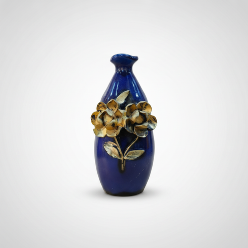 Cobalt Blue Poly Resin Vase with Gold Flower Embossed Detail