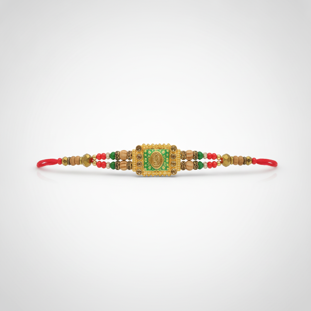 Traditional Rakhi with Gold Deity Centerpiece & Beaded Thread