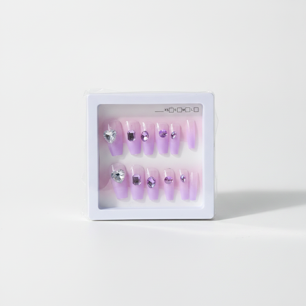 Purple Glam Press-On Nails with Crystal Gems – Kids & Adults