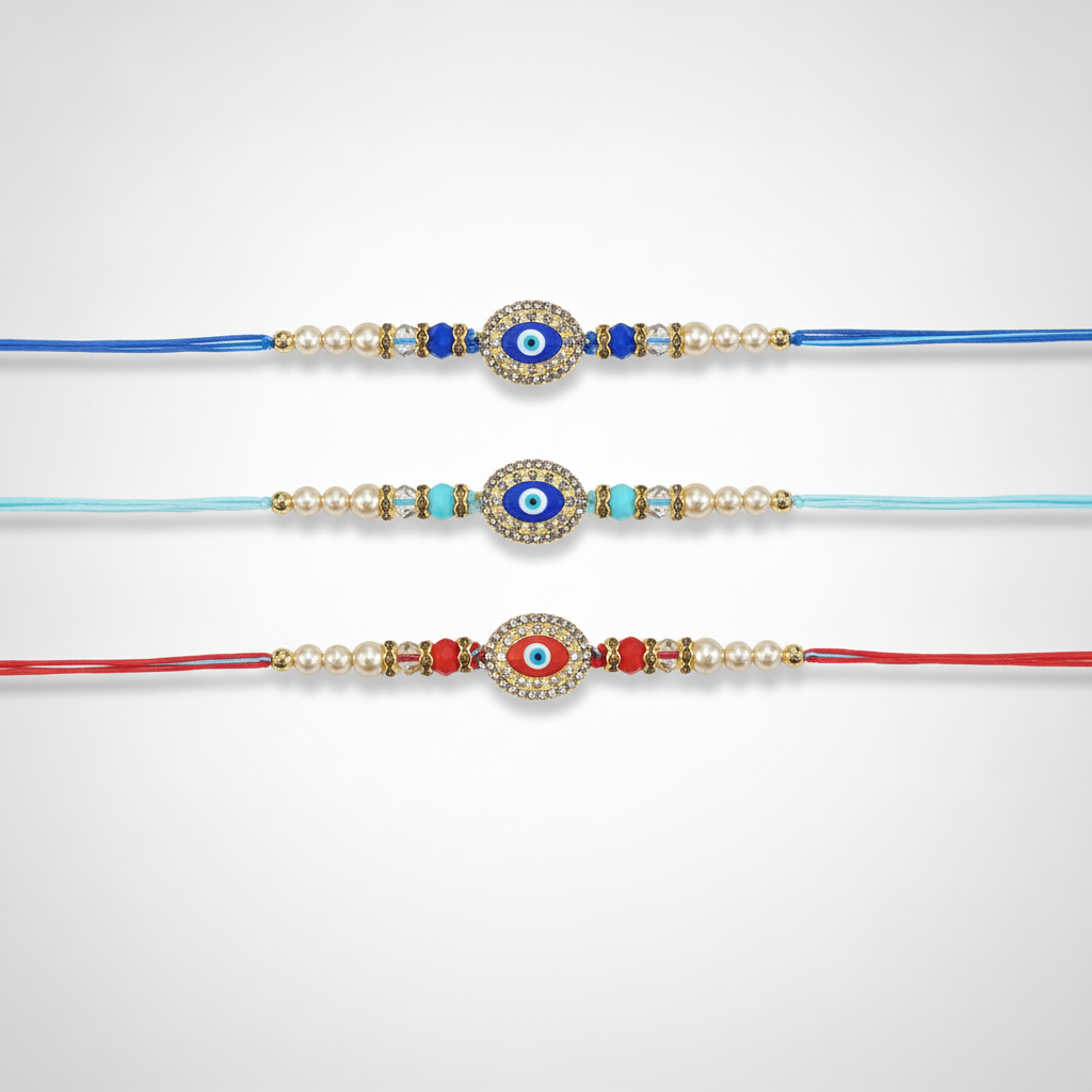 Evil Eye Rakhi Bracelet – Set of 3 (Blue, Red & Teal)