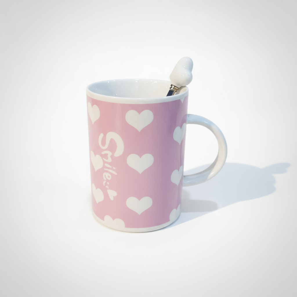 Smile Hearts Ceramic Mug with Decorative Spoon – Pink/Lilac