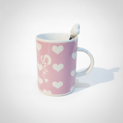 Smile Hearts Ceramic Mug with Decorative Spoon – Pink/Lilac