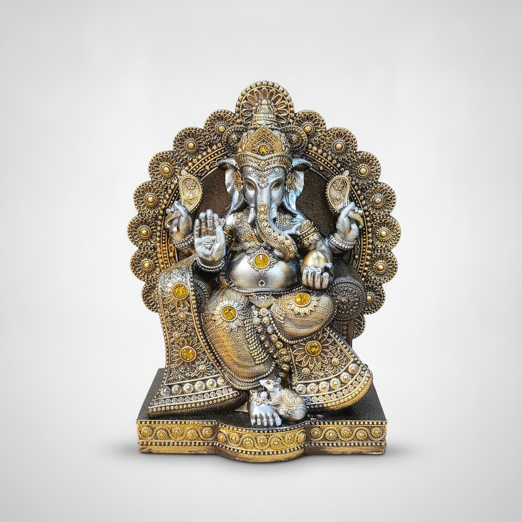 Ornate Ganesh Idol Statue – Silver & Gold Resin Figurine