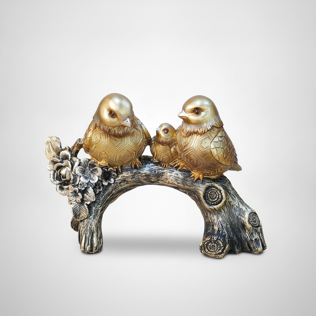 Golden Bird Family Figurine on Decorative Branch
