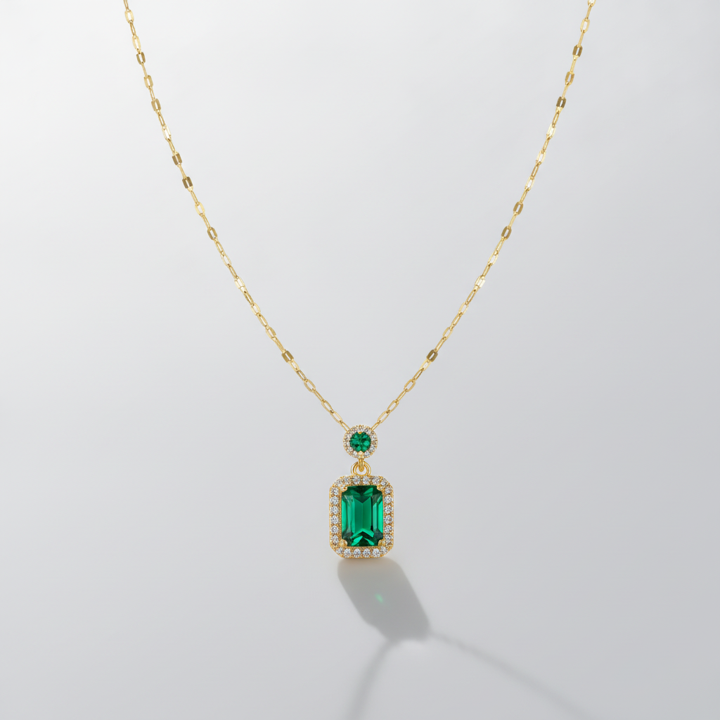 Emerald Green Crystal Pendant Necklace | Gold Chain