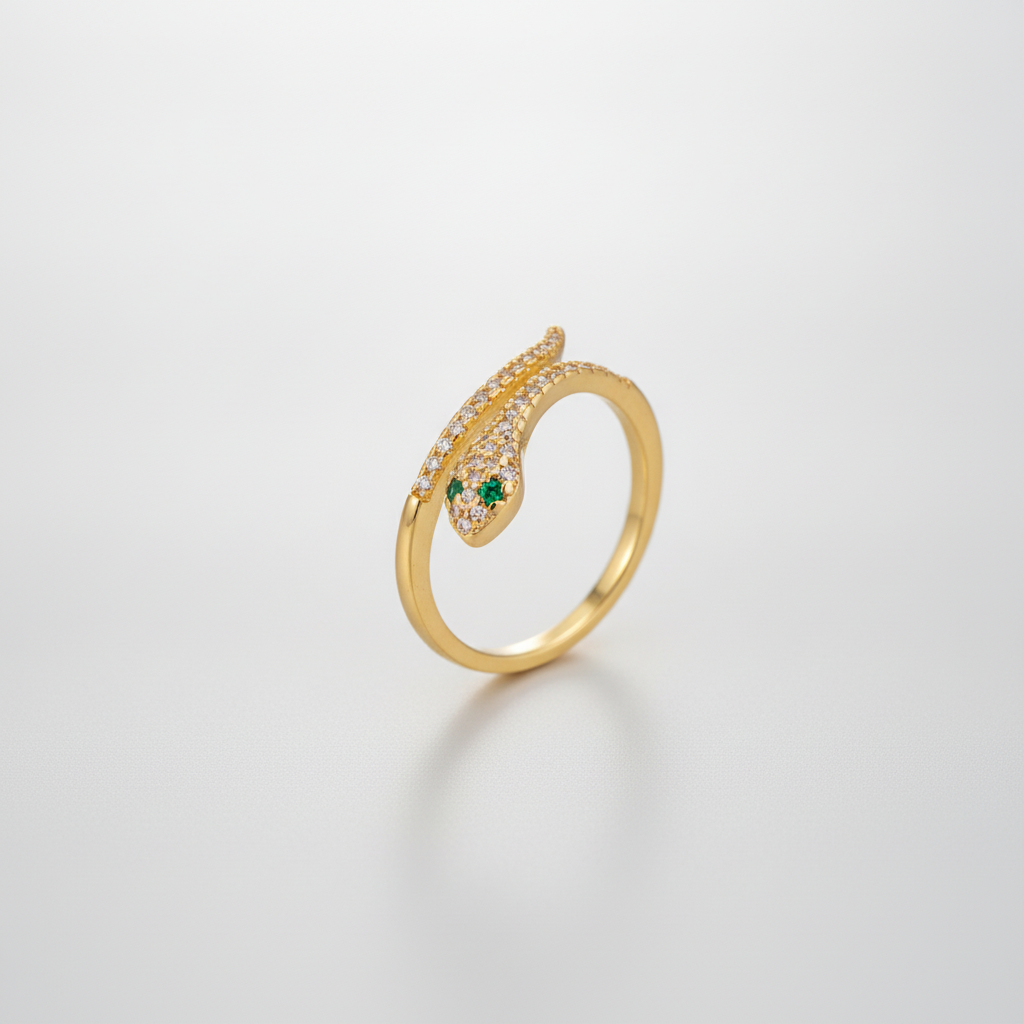 Gold Snake Ring with Crystal Accents & Green Eyes