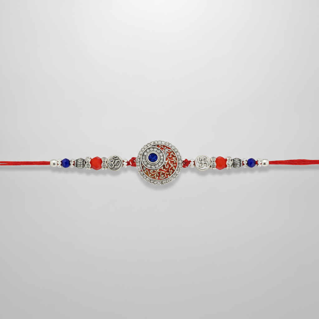 Traditional Silver & Red Rakhi with Om Charm & Crystal Beads