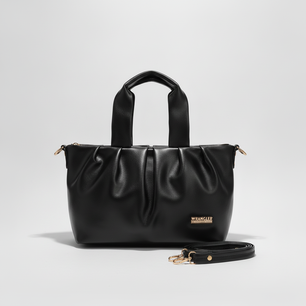 Wrangler Black Vegan Leather Ruched Tote Bag with Strap