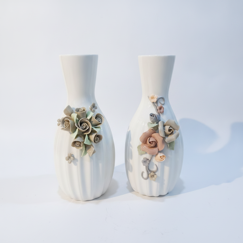 Ceramic Rose Vase with 3D Floral Appliqué – Elegant Home Décor