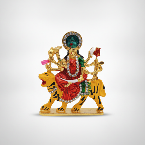 Goddess Durga Idol on Tiger – Gold-Tone Decorative Figurine