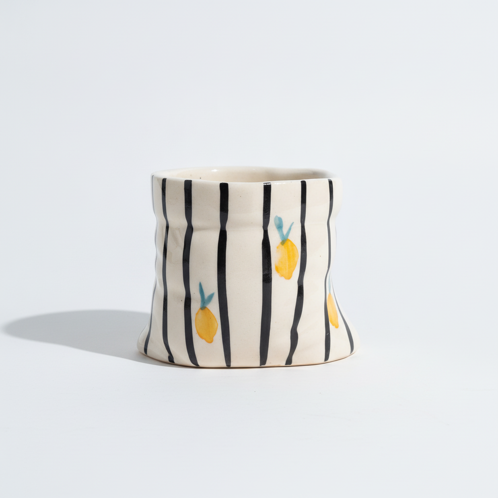 Handmade Ceramic Mug with Lemon & Stripe Design