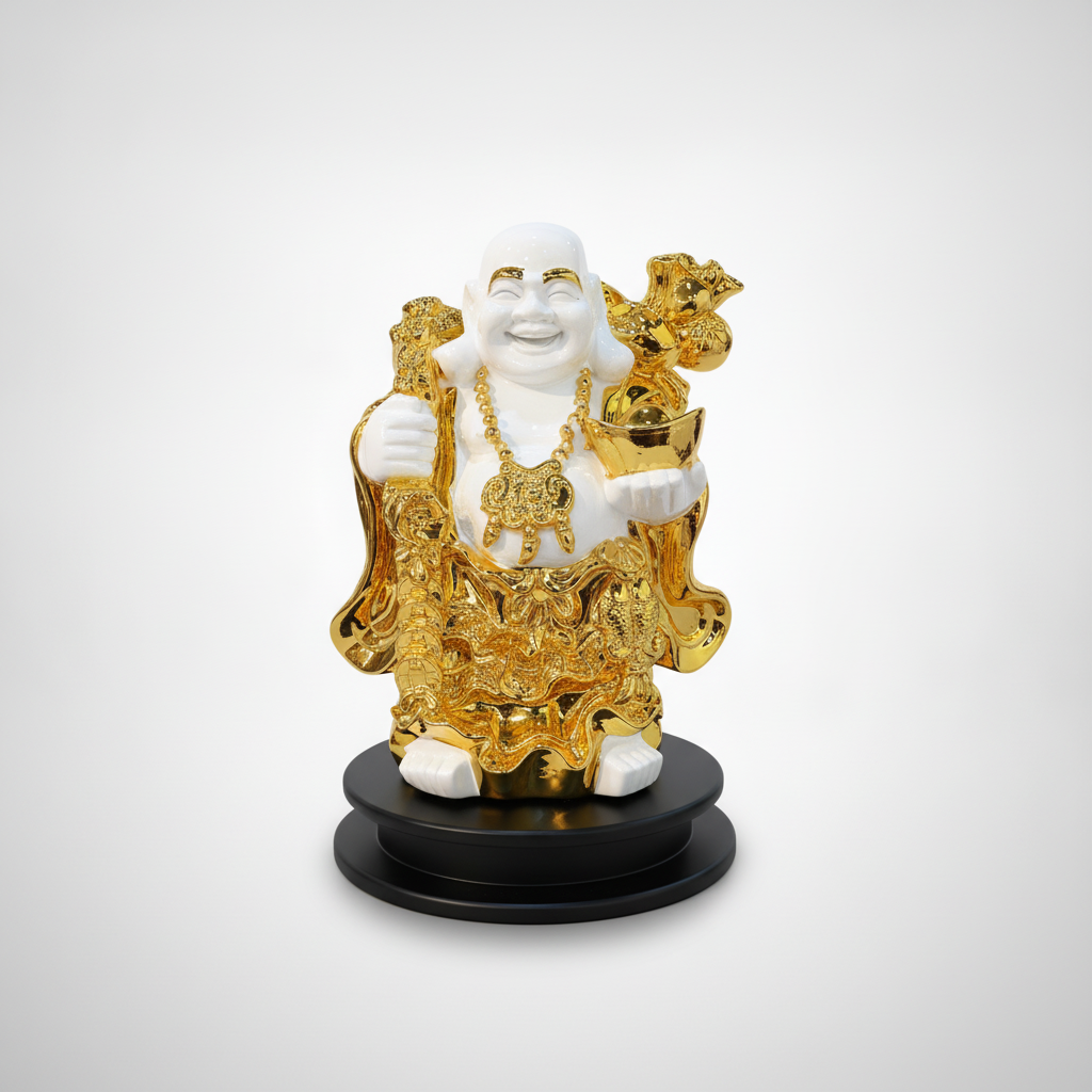 Laughing Buddha Figurine with Gold Accents & Rotating Base
