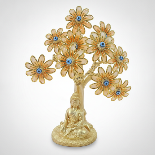 Golden Gautam Buddha Evil Eye Flower Tree Decorative Figurine