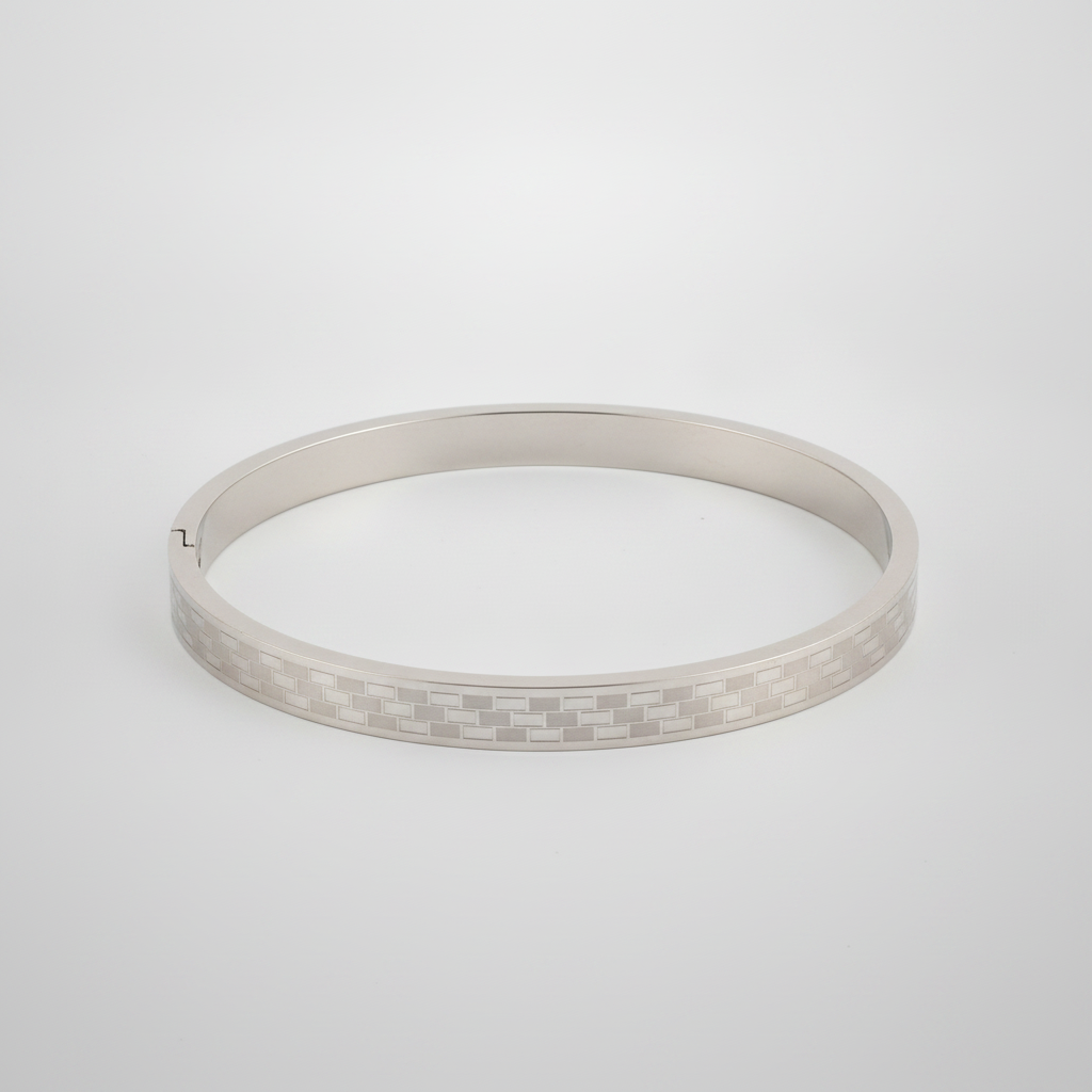 Men's Silver Bangle Bracelet with Brick Pattern Detail