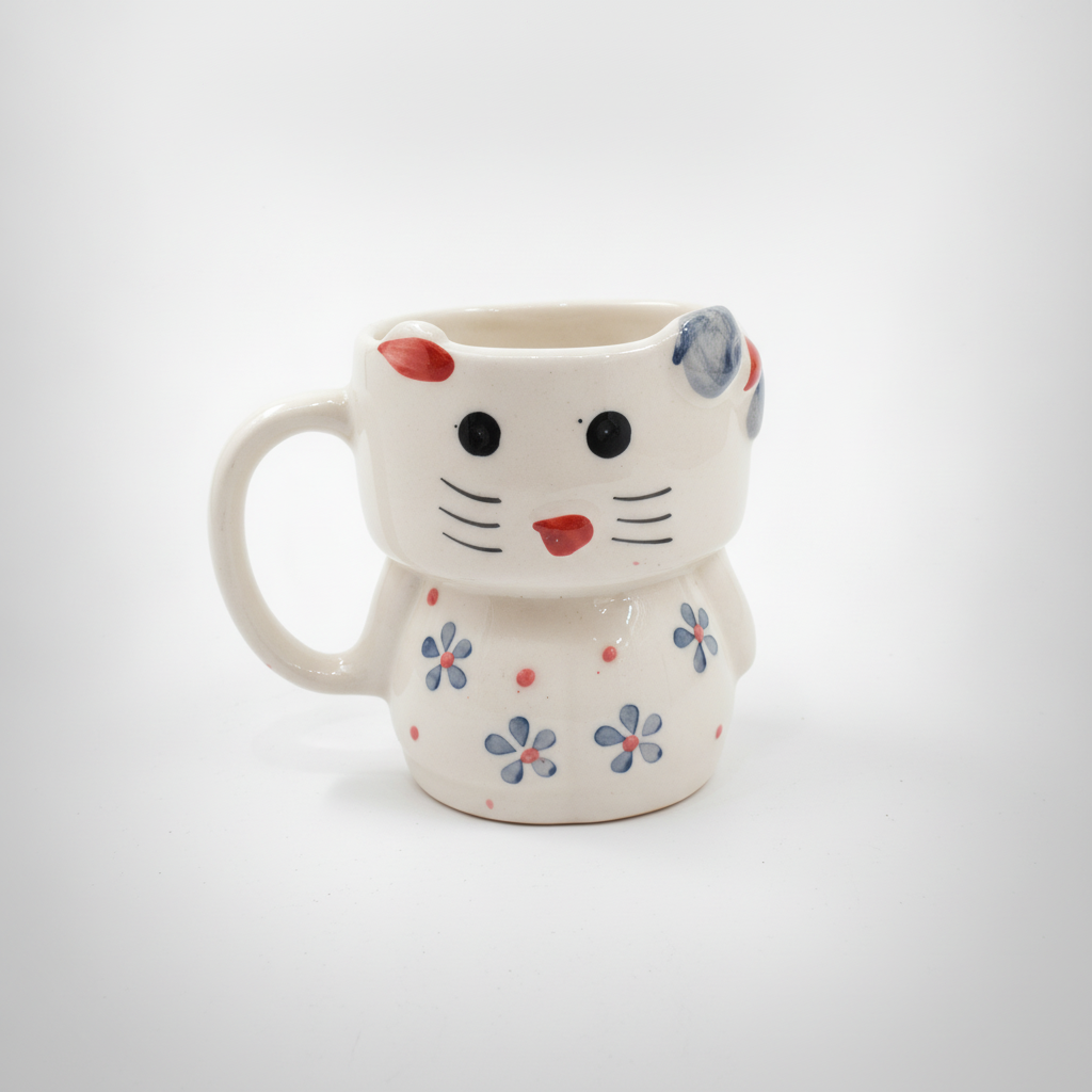 Handmade Cat Ceramic Mug with Floral Design