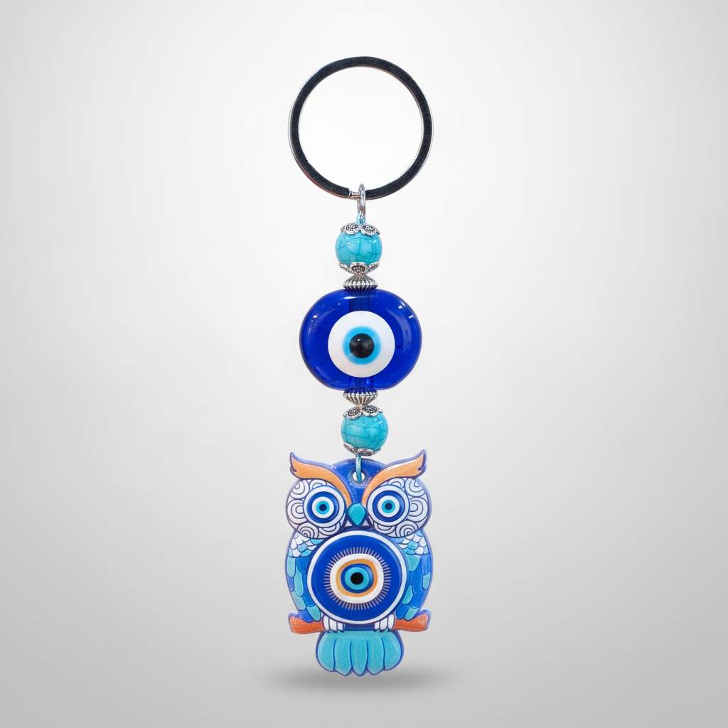 Evil Eye Owl Keychain with Turquoise Beads & Glass Charm