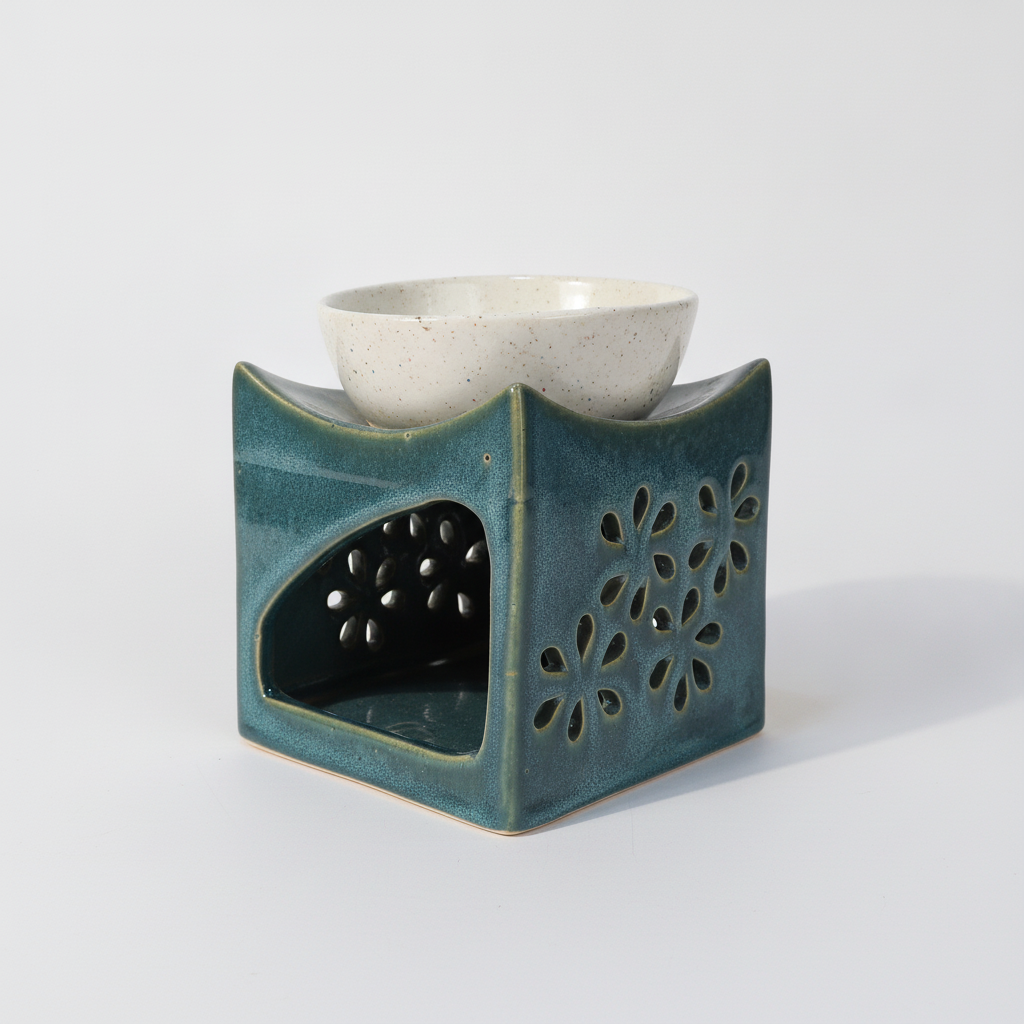 Ceramic Oil Burner Wax Warmer – Blue Floral Cutout Design