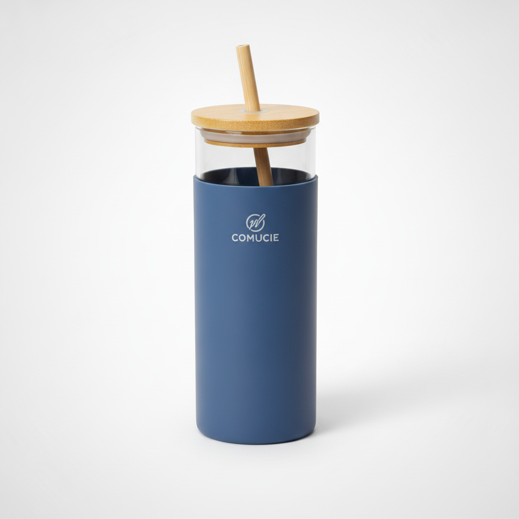 Glass Tumbler with Bamboo Lid & Straw | Navy Sleeve