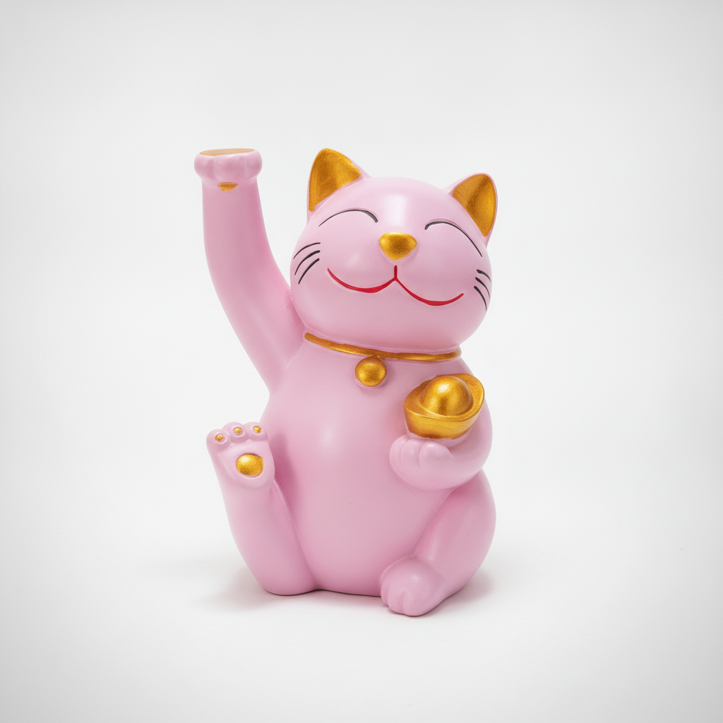 Pink Lucky Cat Figurine – Maneki Neko Gold Accent Décor
