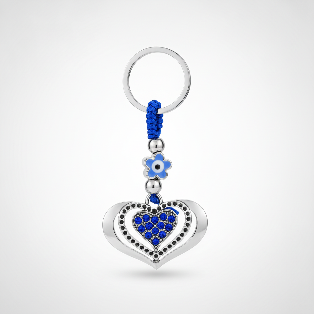 Evil Eye Heart Keychain with Blue Crystals & Macramé Cord
