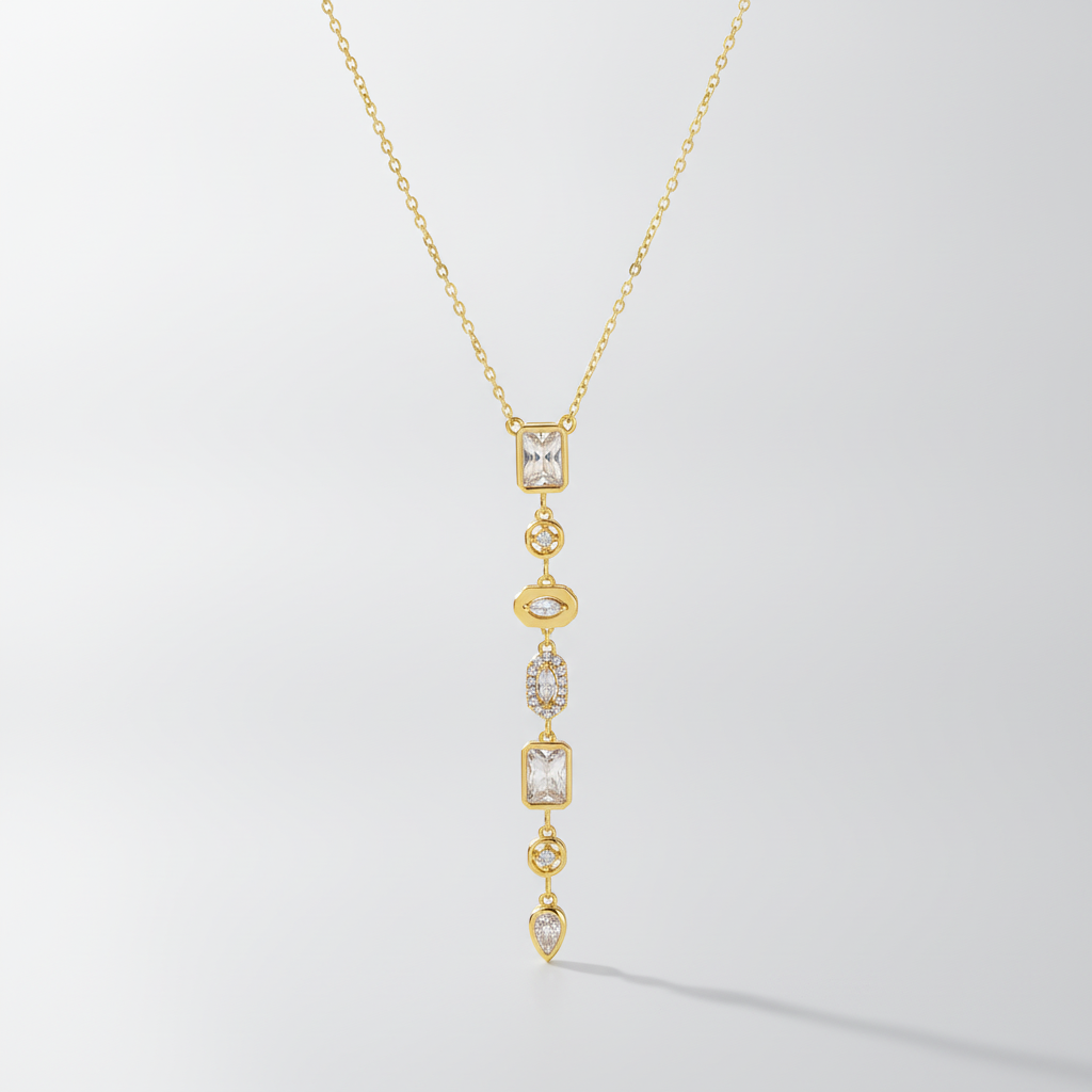 Gold Crystal Drop Pendant Necklace | Mixed Shape CZ Chain