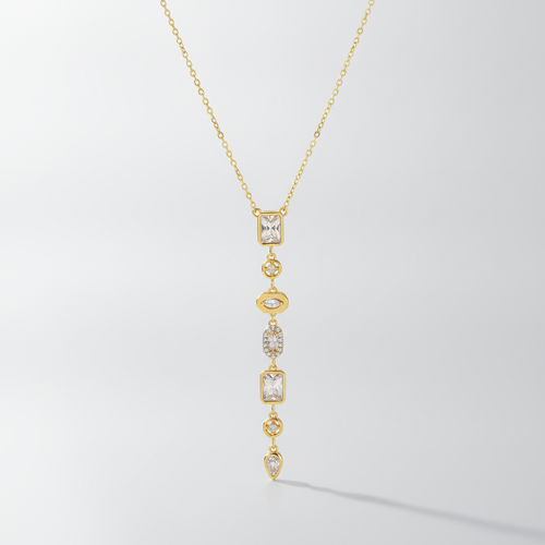 Gold Crystal Drop Pendant Necklace | Mixed Shape CZ Chain