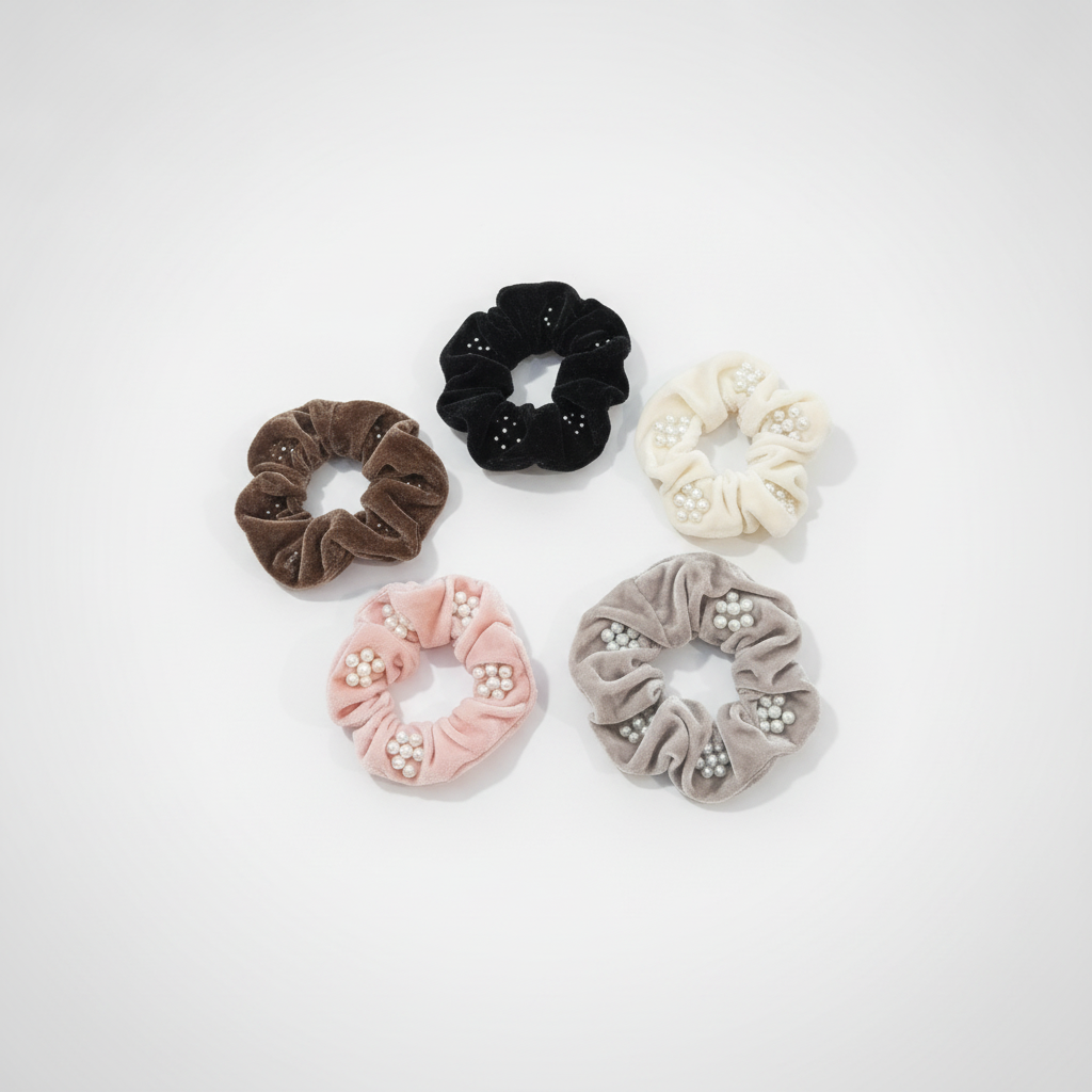 Velvet Pearl Scrunchies – Set of 5 Elegant Hair Ties