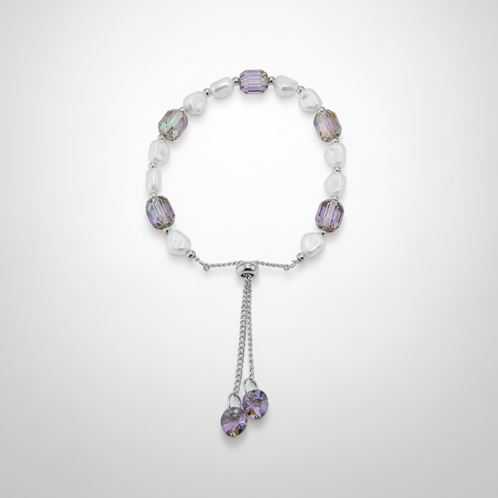 Pearl & Crystal Iridescent Bead Bracelet with Charm Drop