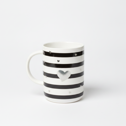 Black & White Striped Ceramic Mug with Silver Hearts