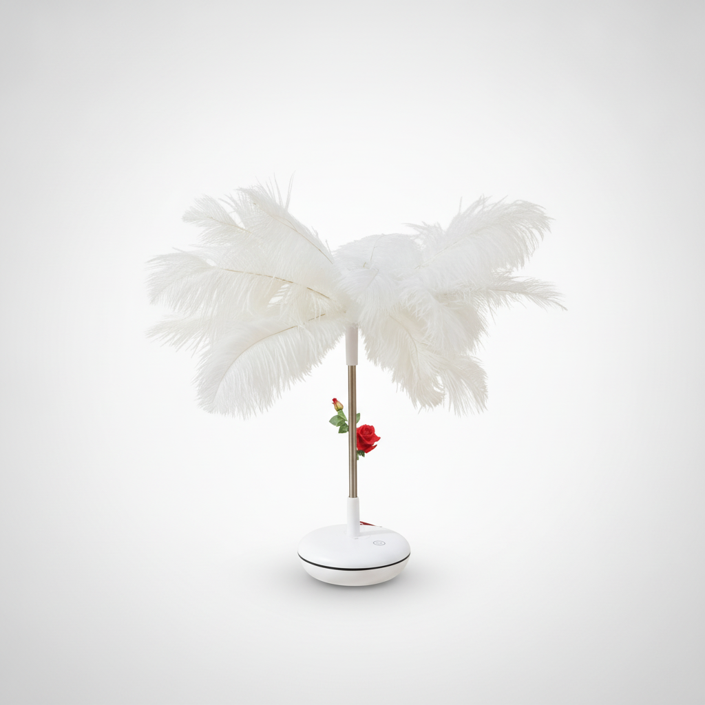 White Ostrich Feather Table Lamp with LED Light Base