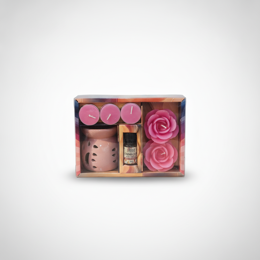 Apple Cinnamon Aroma Gift Set with Oil Burner & Rose Candles
