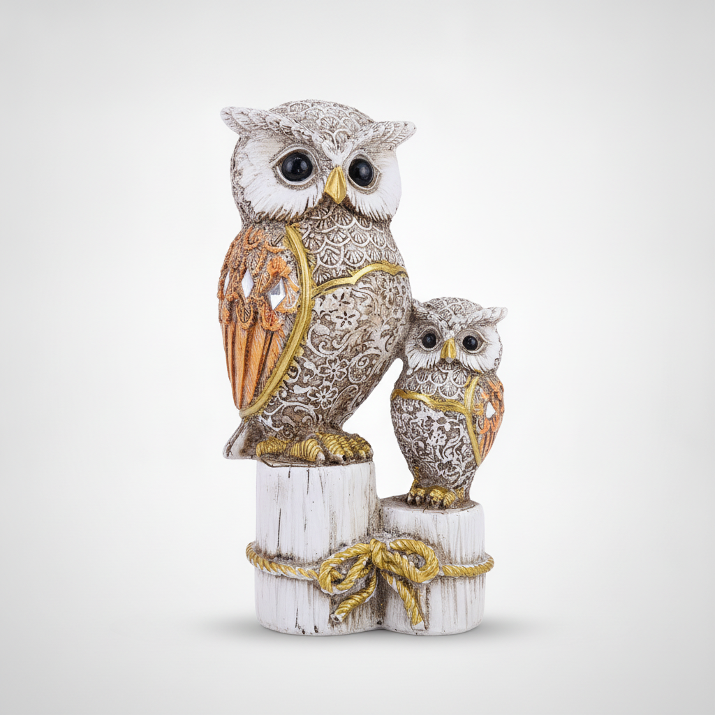 Decorative Owl Pair Figurine – Gold & White Resin Showpiece
