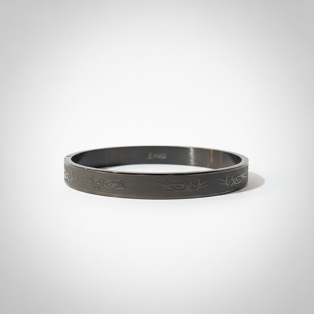 Black Stainless Steel Tribal Engraved Bangle Bracelet for Men