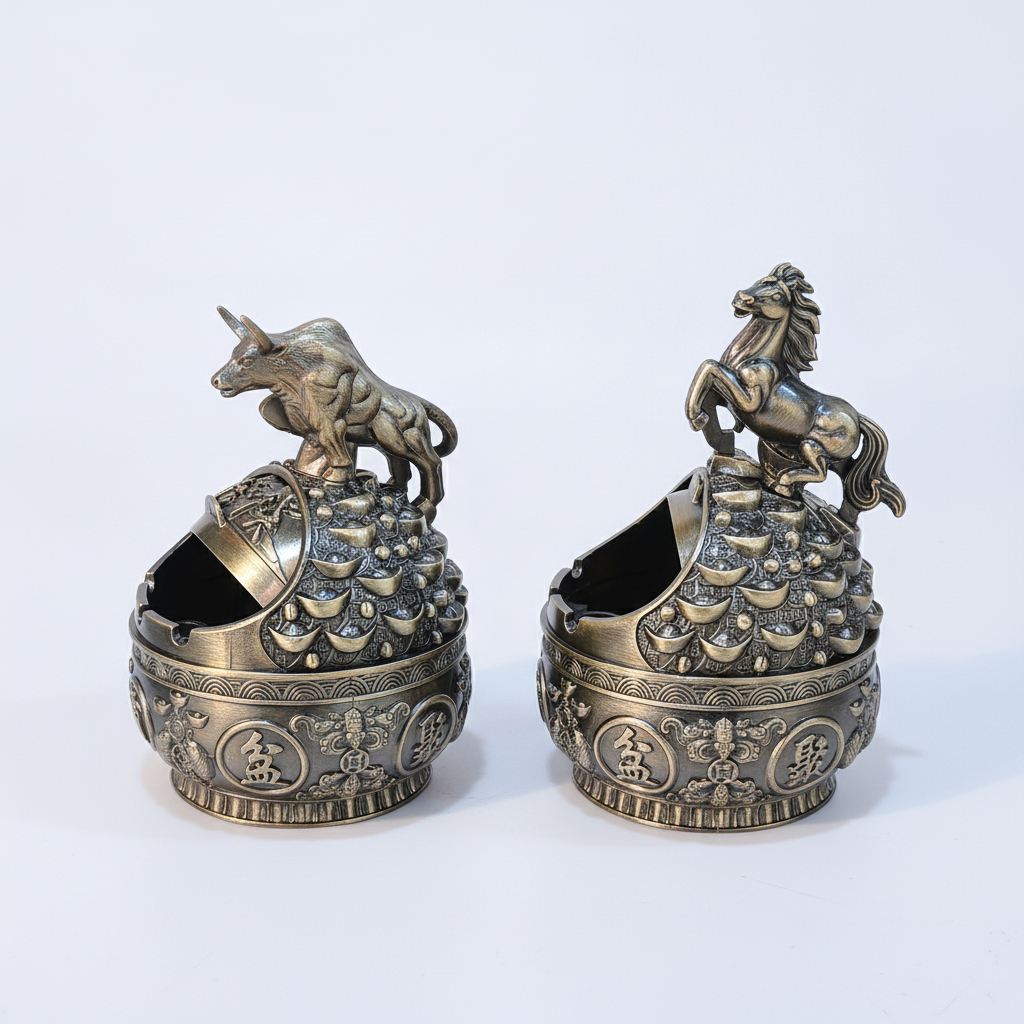 Chinese Zodiac Bronze Ashtray Set – Bull & Horse Figurines