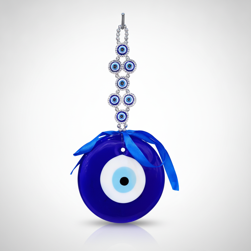 Nazar Evil Eye Wall Hanging with Crystal Chain & Blue Bow