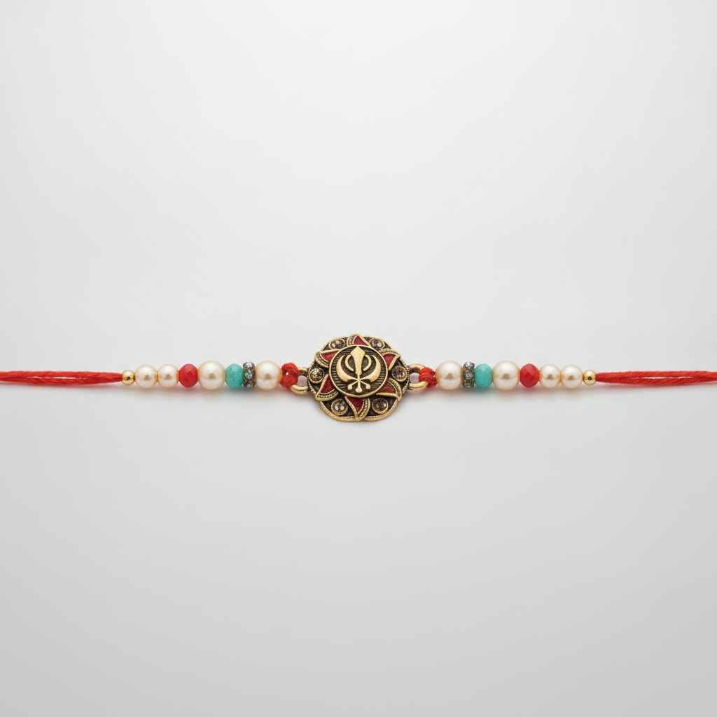Sikh Khanda Rakhi with Pearl & Crystal Beads – Red Thread