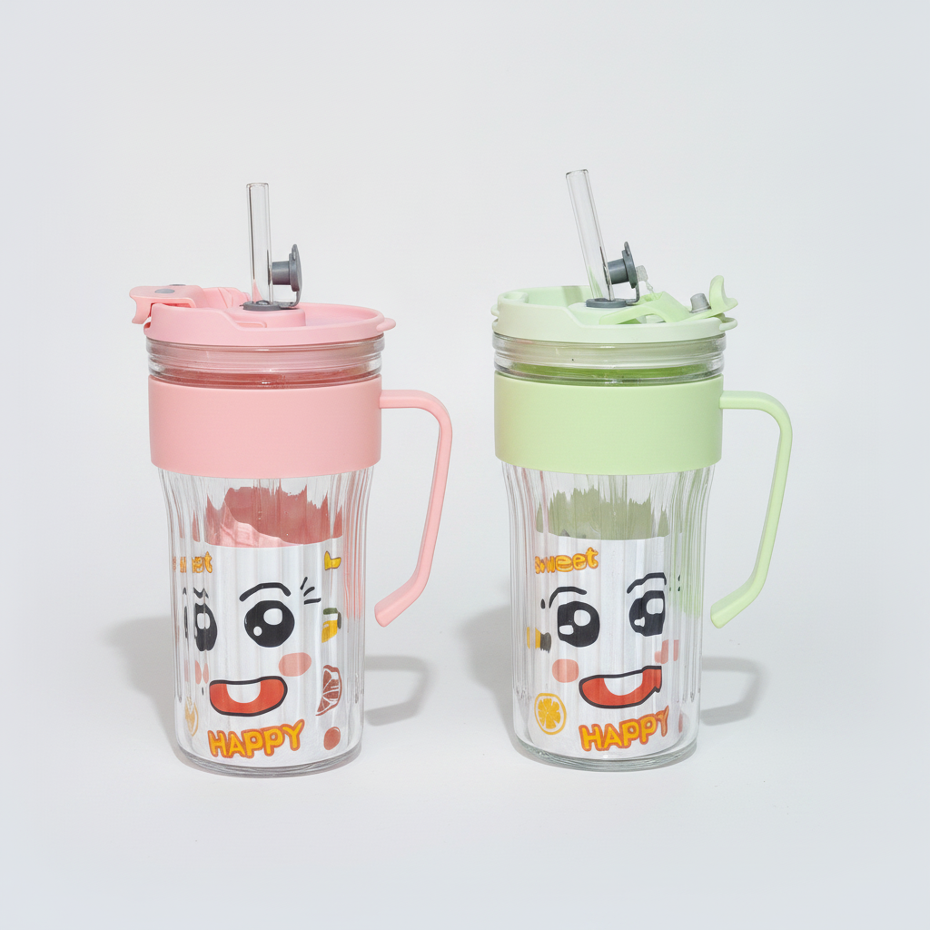 Sweet Happy Face Glass Tumbler with Glass Straw & Handle