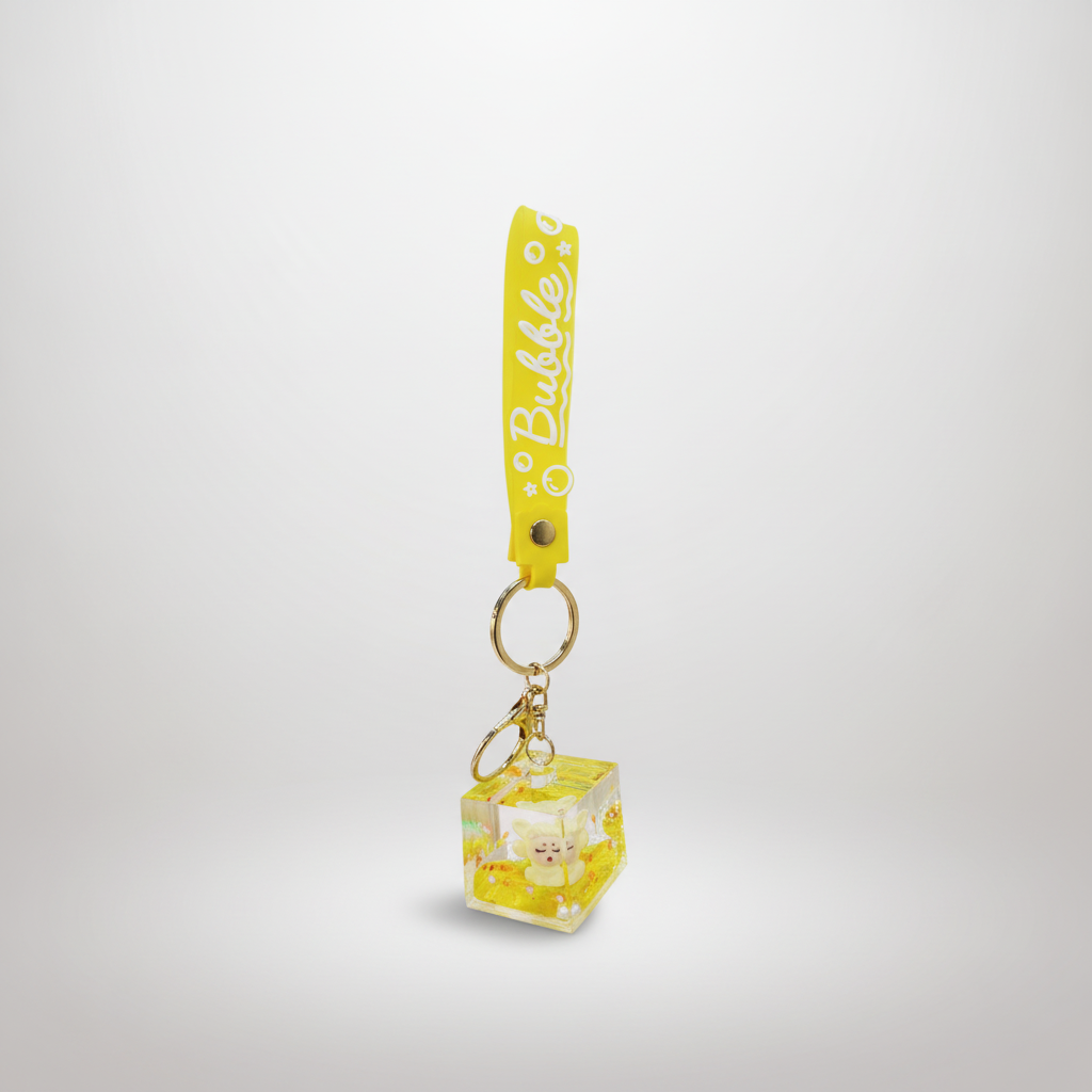 Bubble Cute Bear Yellow Liquid Glitter Cube Keychain
