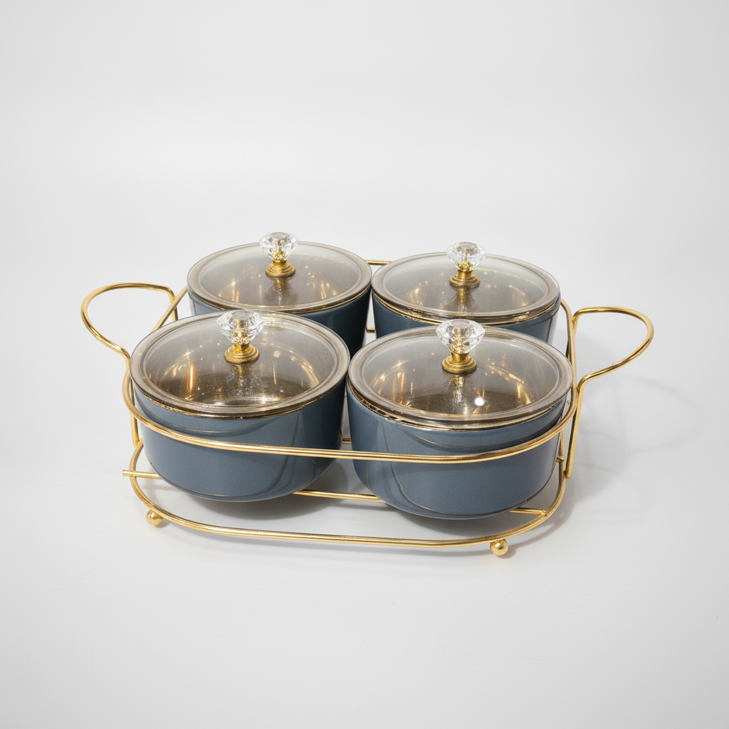 Elegant 4-Piece Glass Condiment Set with Gold Metal Rack