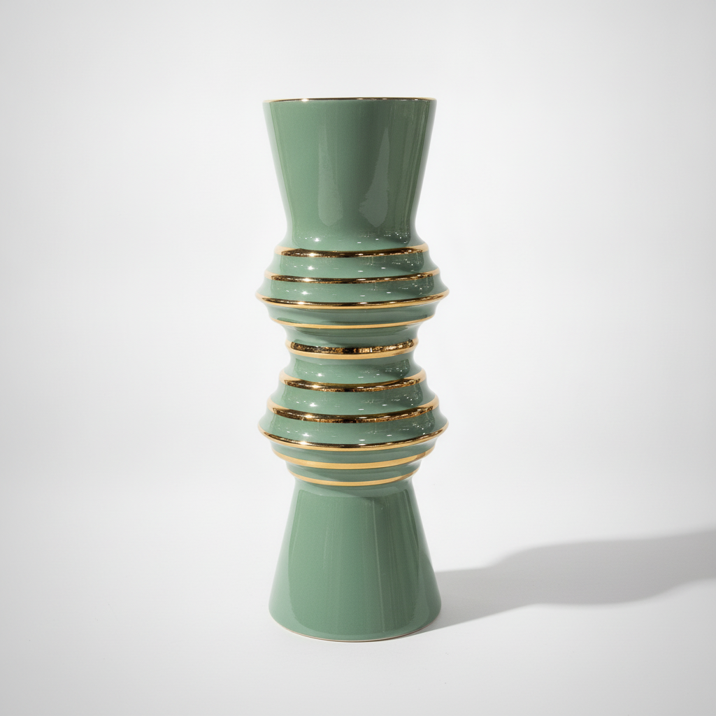 Sage Green & Gold Ring Ceramic Decorative Vase