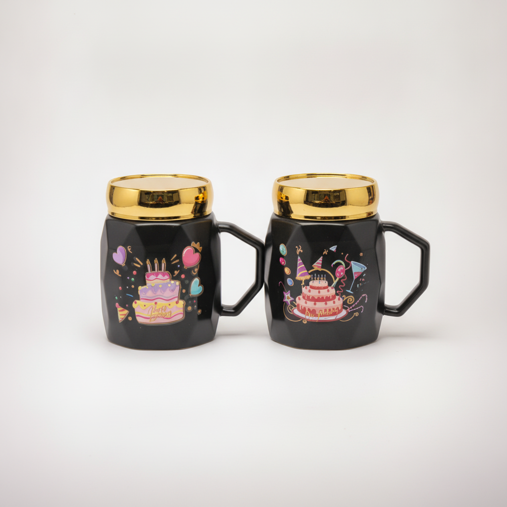 Happy Birthday Ceramic Mug with Gold Lid – Black & Gold