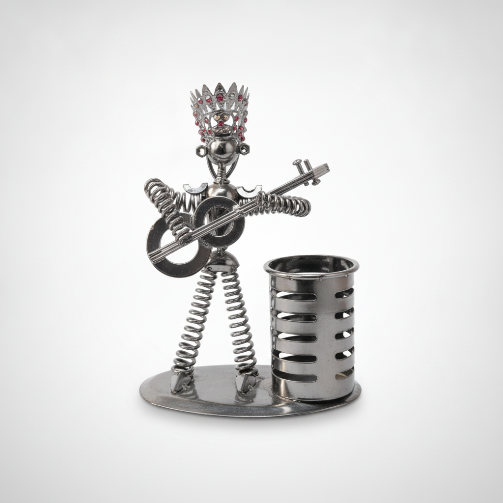 Metal Guitar King Figurine Desk Organizer with Pen Cup