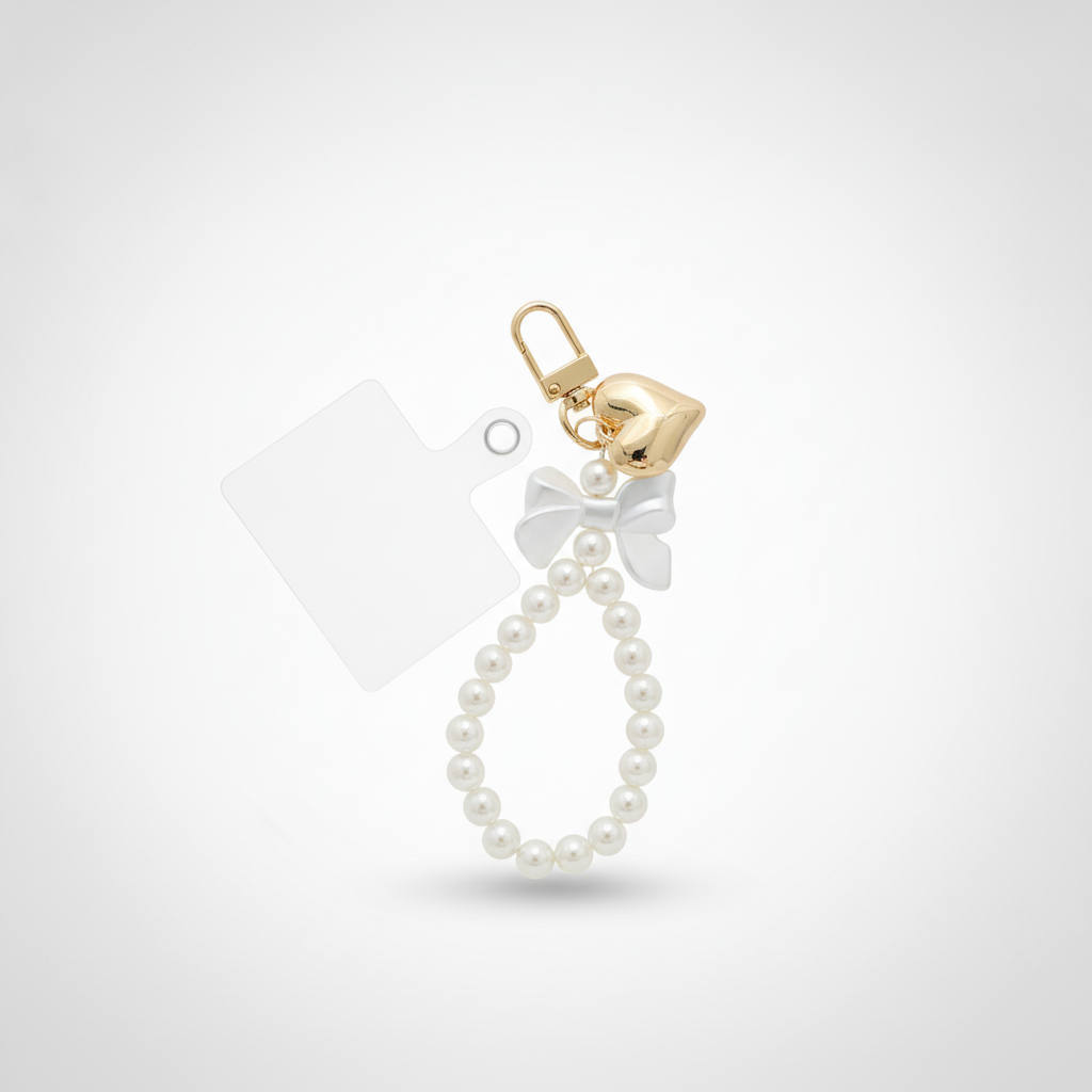Pearl Wrist Strap Phone Keychain with Gold Heart & Bow