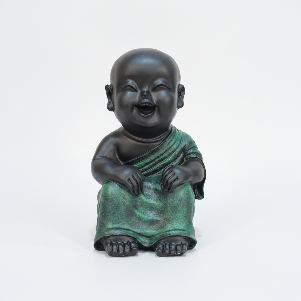 Laughing Baby Monk Statue – Black & Green Décor Showpiece