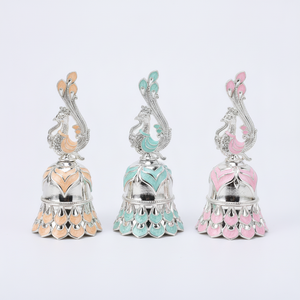 Decorative Peacock Pooja Bell– Enamel & Silver
