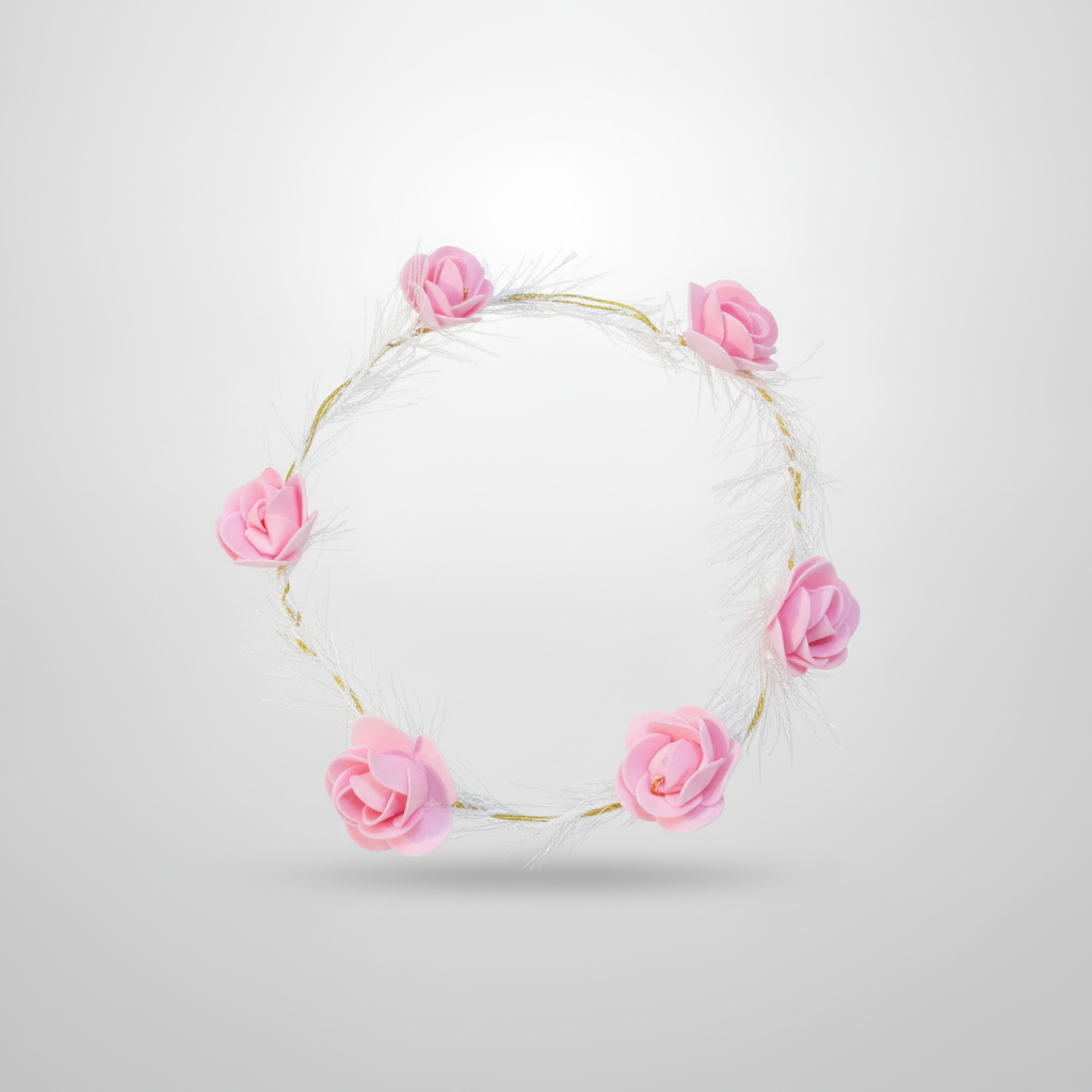Pink Rose Flower Crown Headband with Silver Tinsel